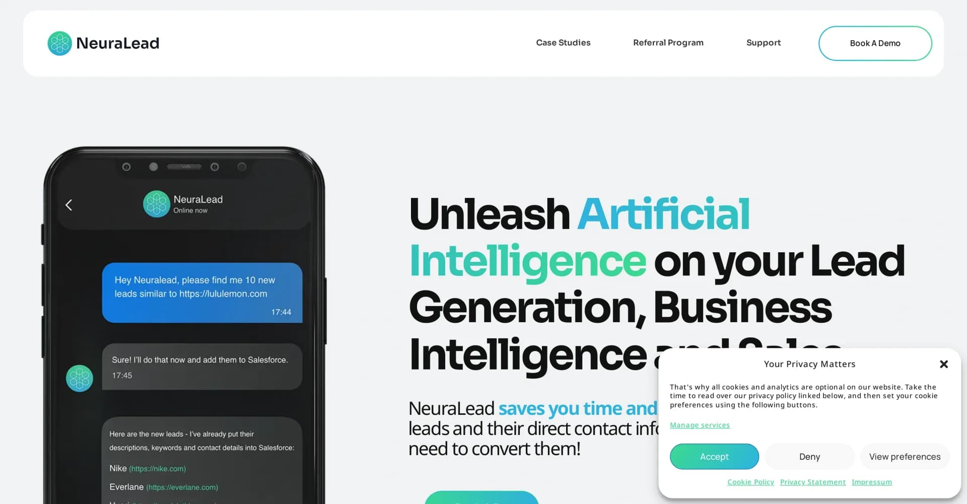 NeuraLead homepage screenshot — AI-powered lead generation and business intelligence