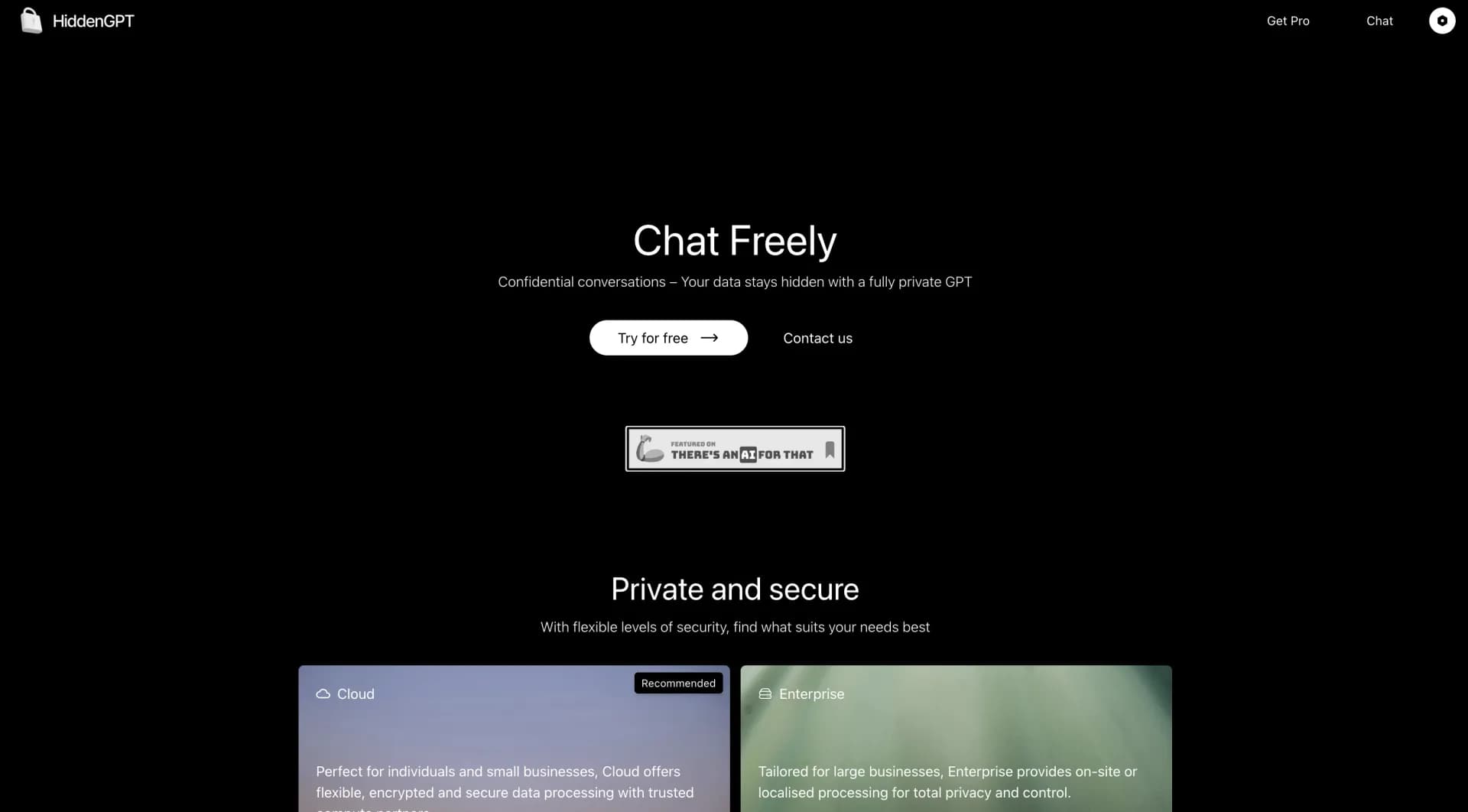 HiddenGPTv1.0 homepage screenshot — A fully private GPT, worry-free