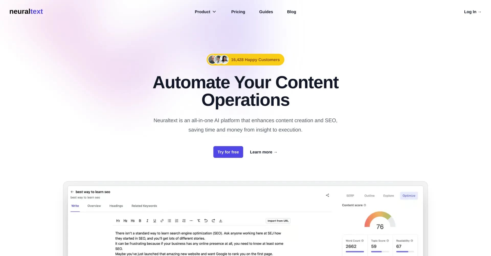 Neuraltext homepage screenshot — AI-powered content creation for faster SEO writing.
