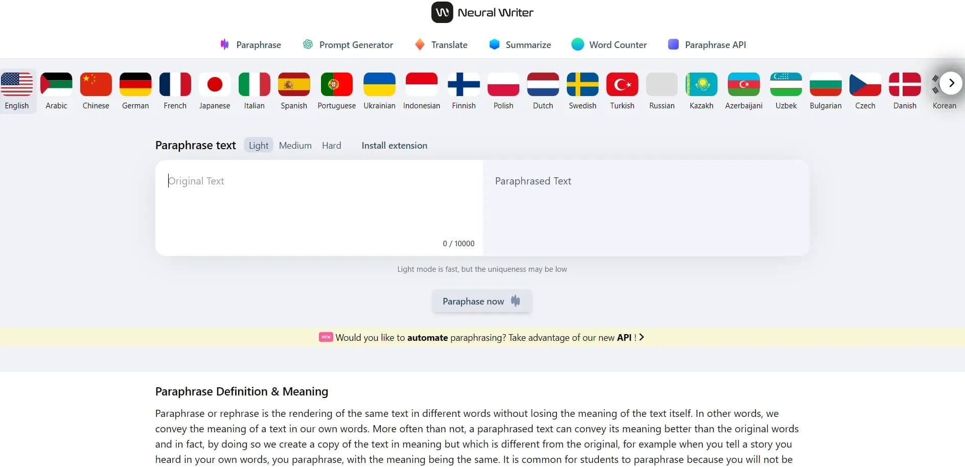 NeuralWriter homepage screenshot — Rewrite and rephrase text in multiple languages.