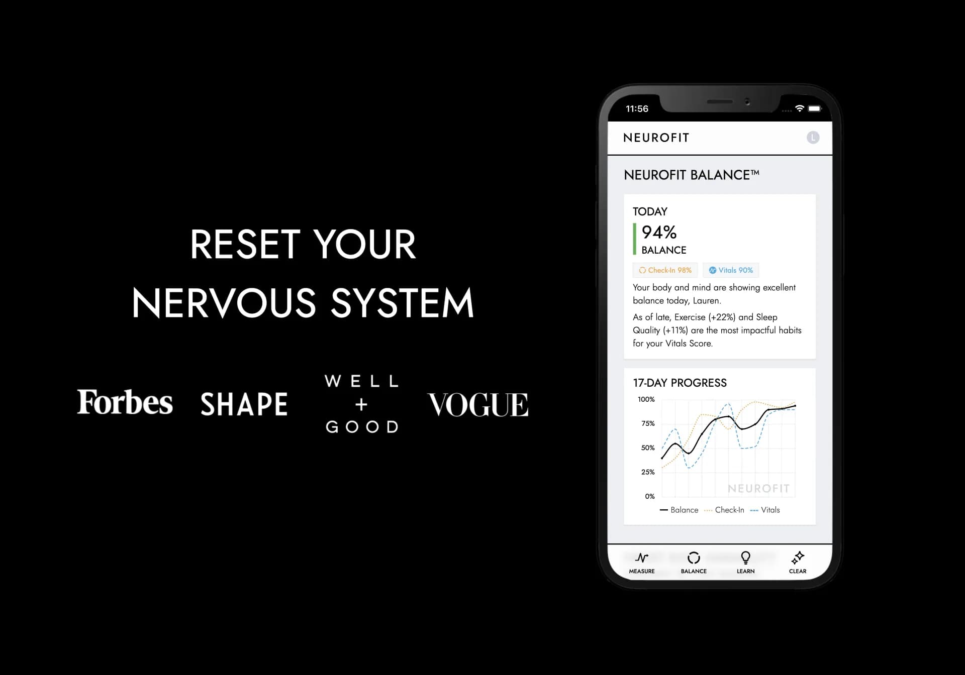 NEUROFIT App: Vagus Nerve Reset homepage screenshot — Reset your nervous system & overcome burnout in 5 mins/day
