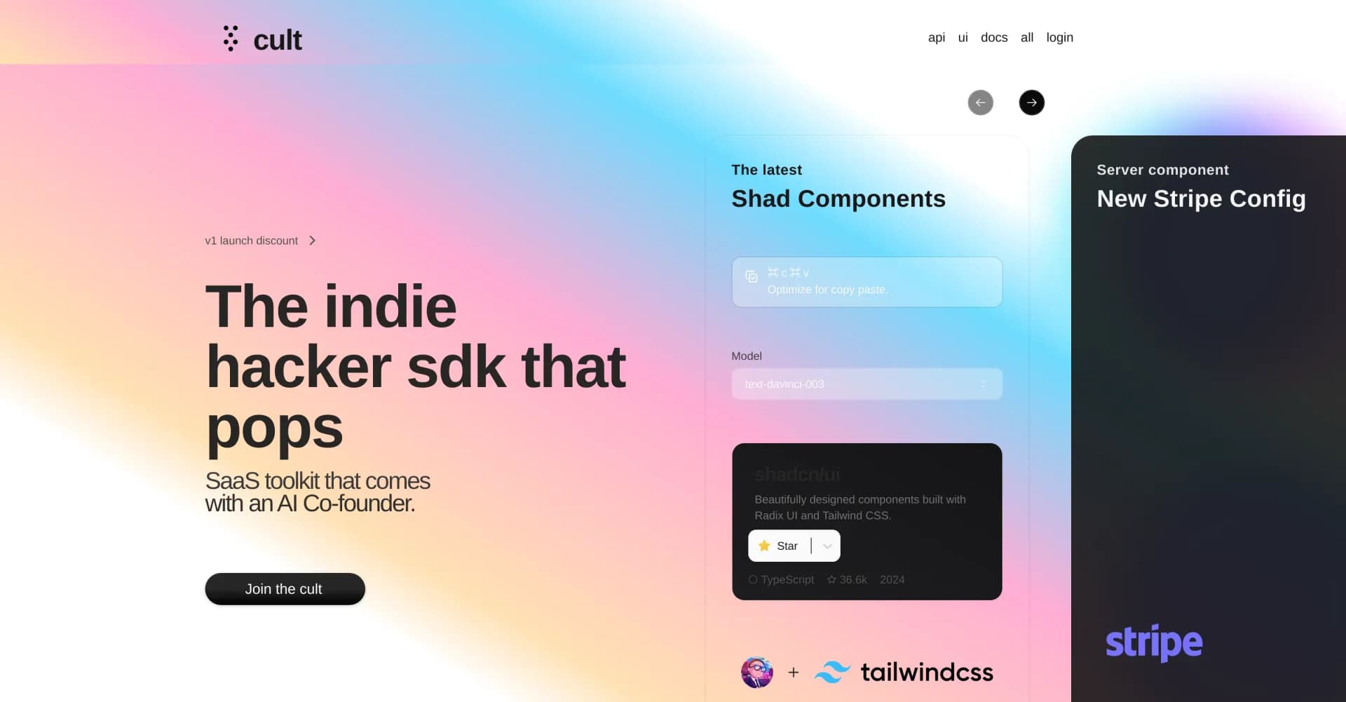 New Cult homepage screenshot — SaaS toolkit with built-in AI co-founder