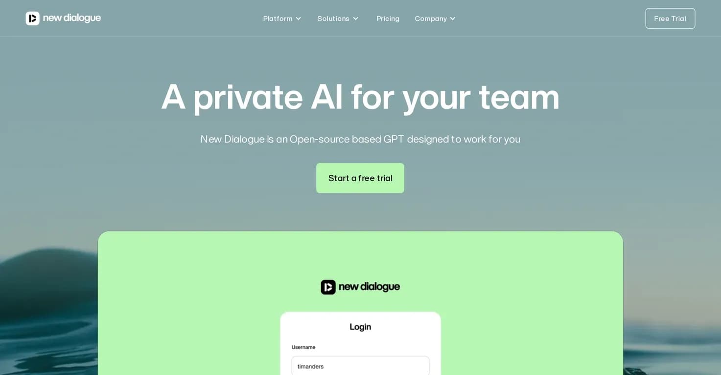 New Dialogue homepage screenshot — Empower teamwork with private AI assistance