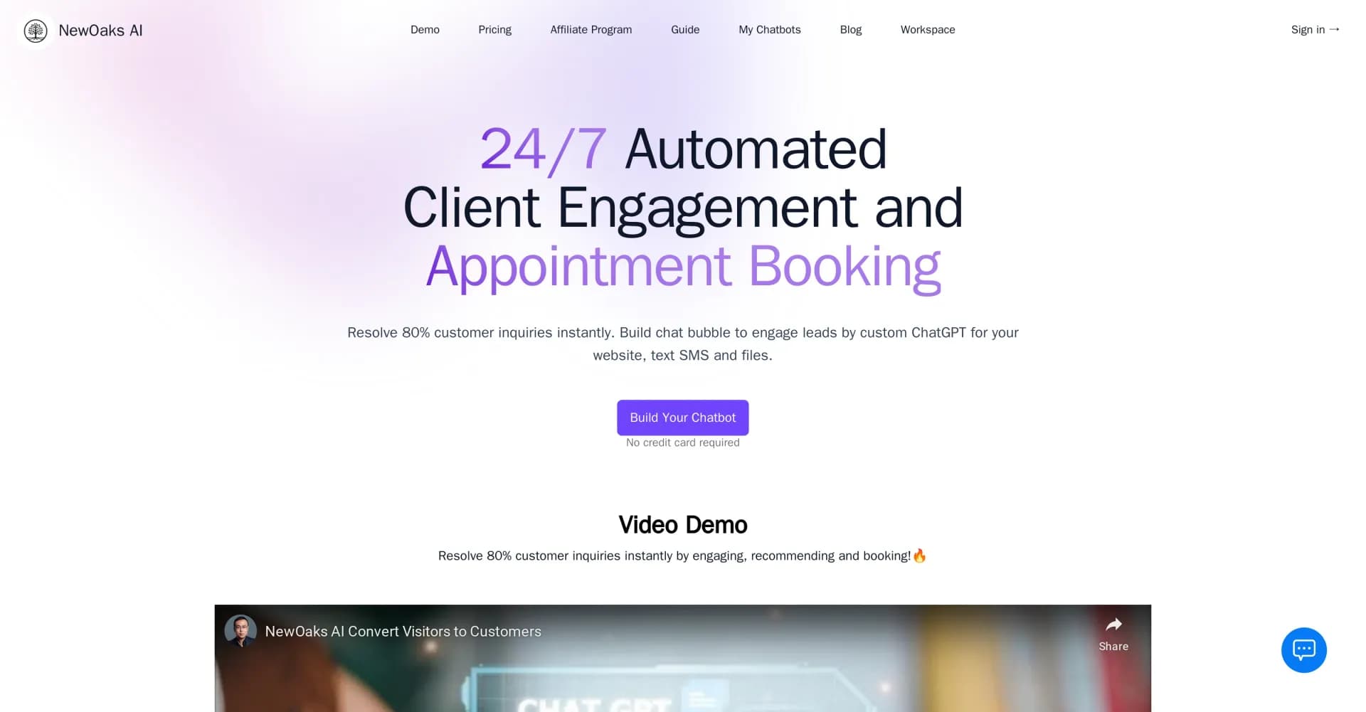NewOaks homepage screenshot — Convert inquiries to appointments in 60 seconds, 24/7.