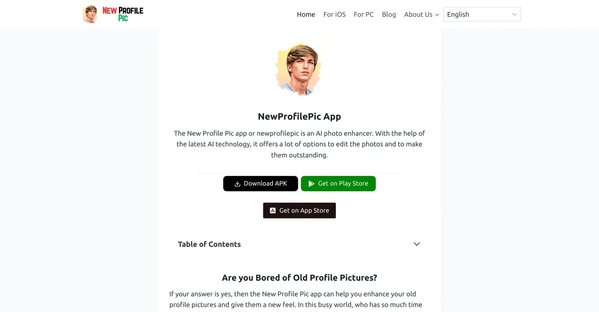 NewProfilePic App homepage screenshot — Enhance your photos with cutting-edge AI technology.