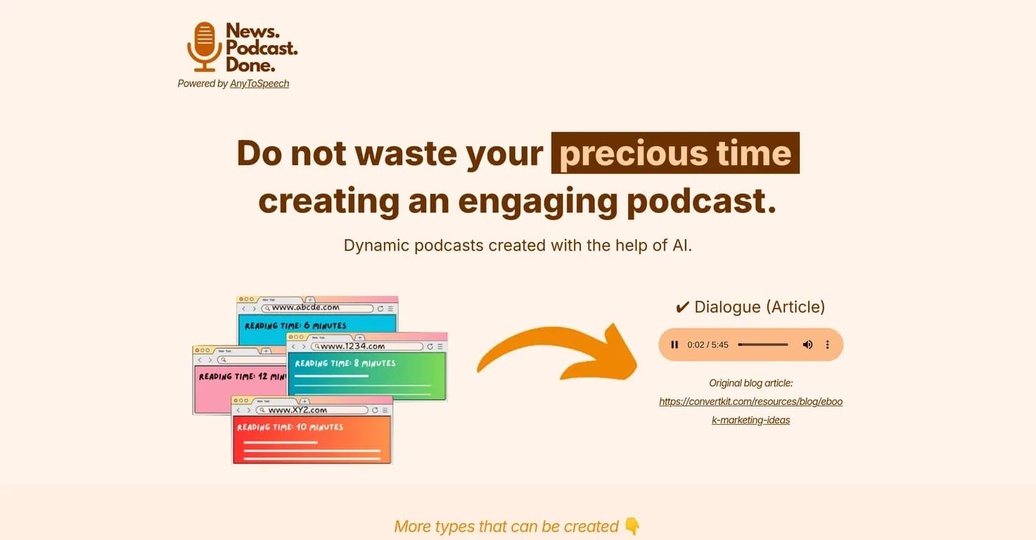 News.Podcast.Done homepage screenshot — AI-powered podcasts in minutes, not hours.