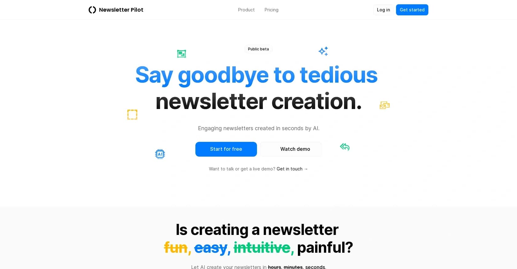 Newsletter Pilot homepage screenshot — Automated creation of engaging newsletters.