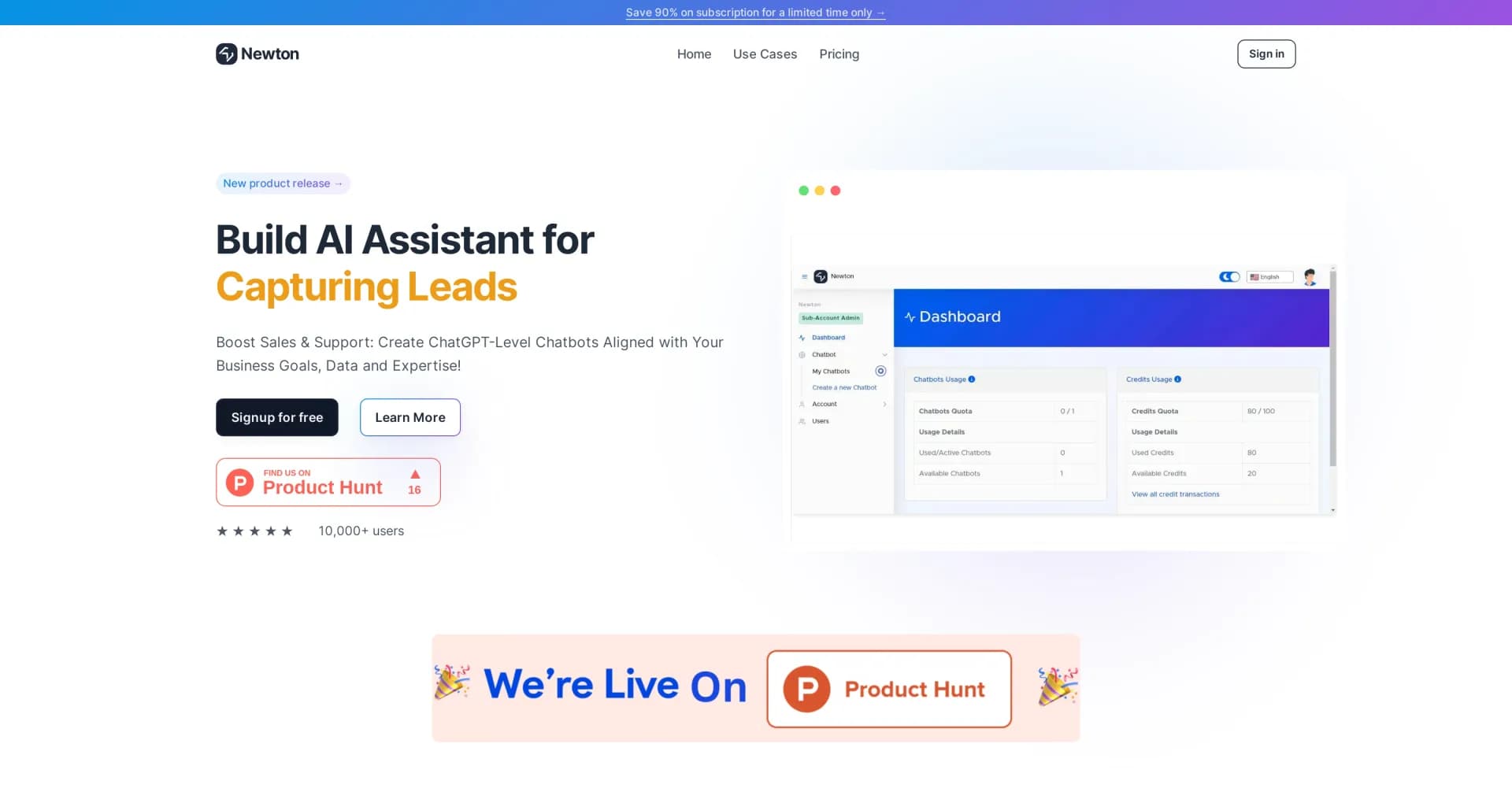 Newton homepage screenshot — Build AI chatbots that boost sales and support