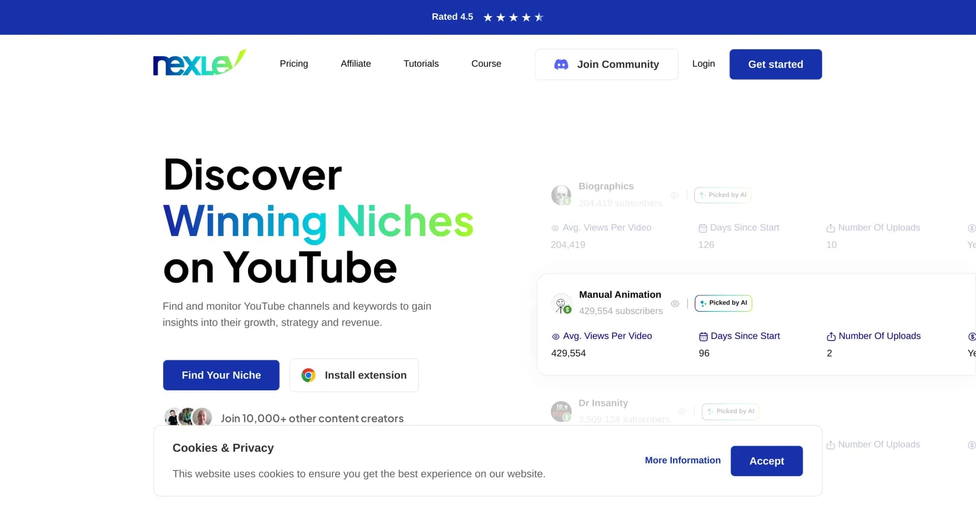 NexLev homepage screenshot — Find profitable YouTube niches in seconds.
