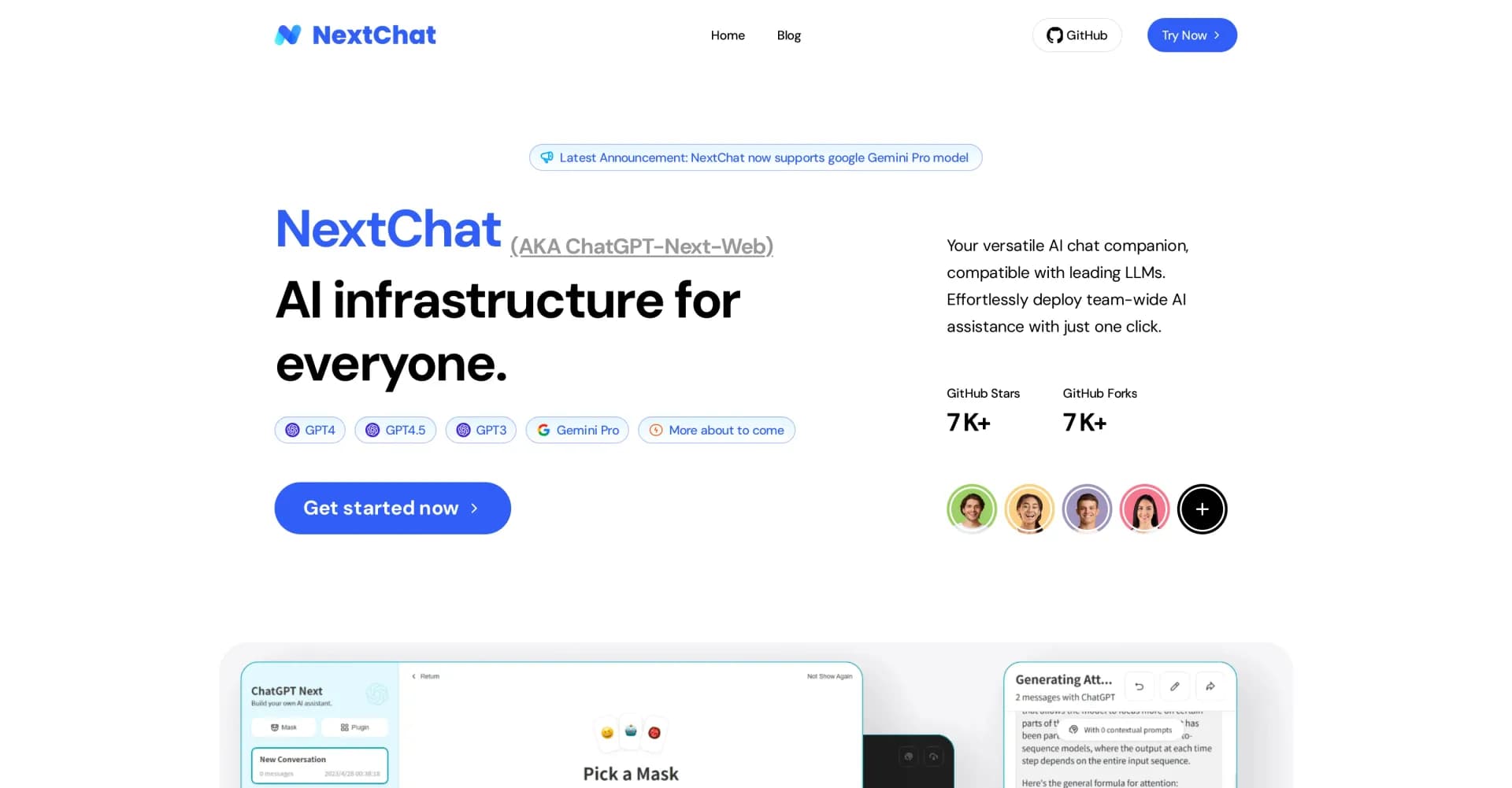 NextChat homepage screenshot — AI chat infrastructure for everyone.