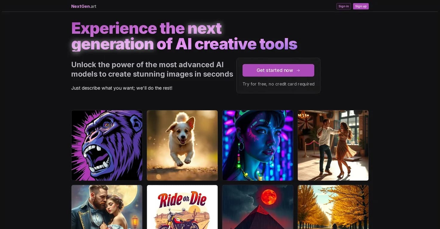 NextGen.art homepage screenshot — Unleash AI creativity: stunning visuals in seconds.
