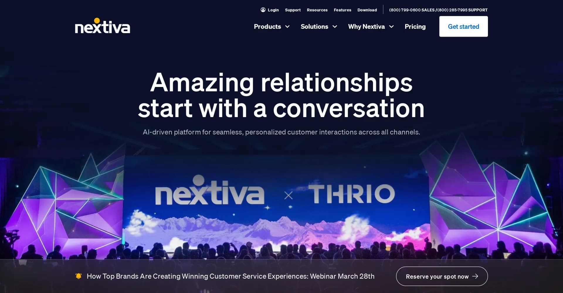 Nextiva homepage screenshot — Unite customer conversations across all channels.
