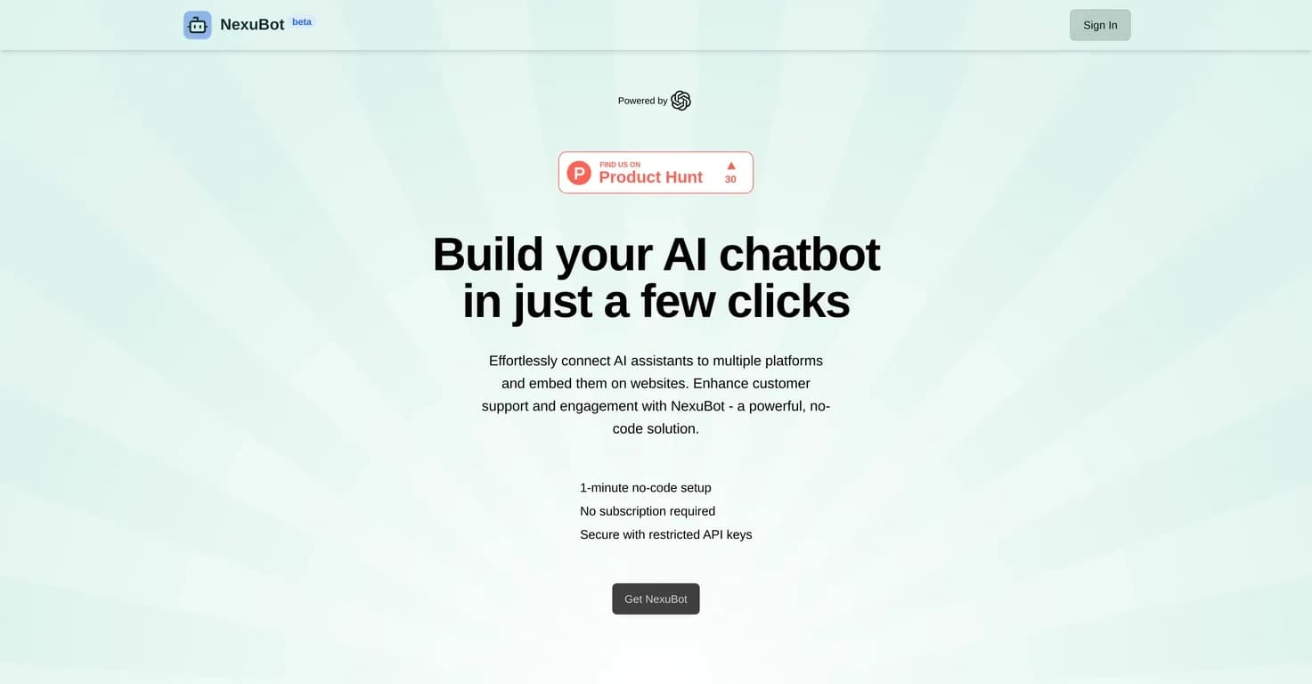 NexuBot homepage screenshot — Connect AI assistants to chatbots in one click