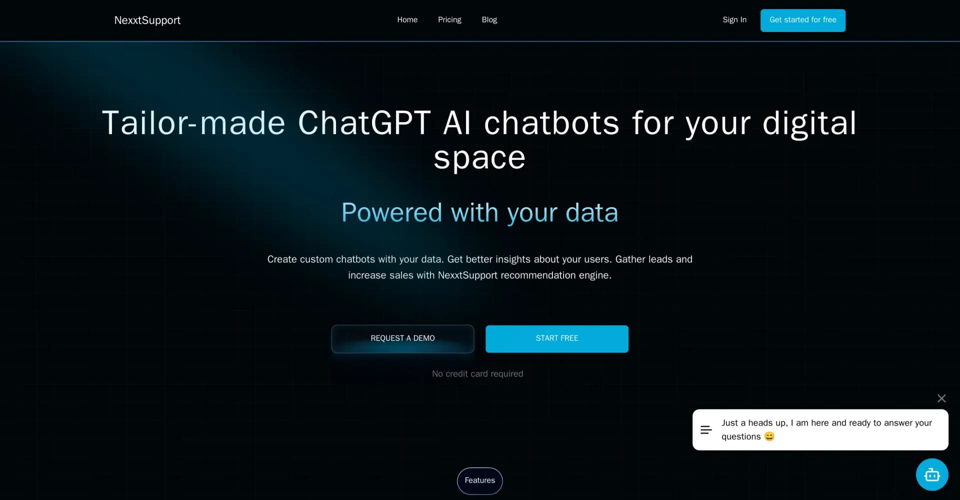 NexxtSupport homepage screenshot — Create custom AI chatbots to boost sales and support.