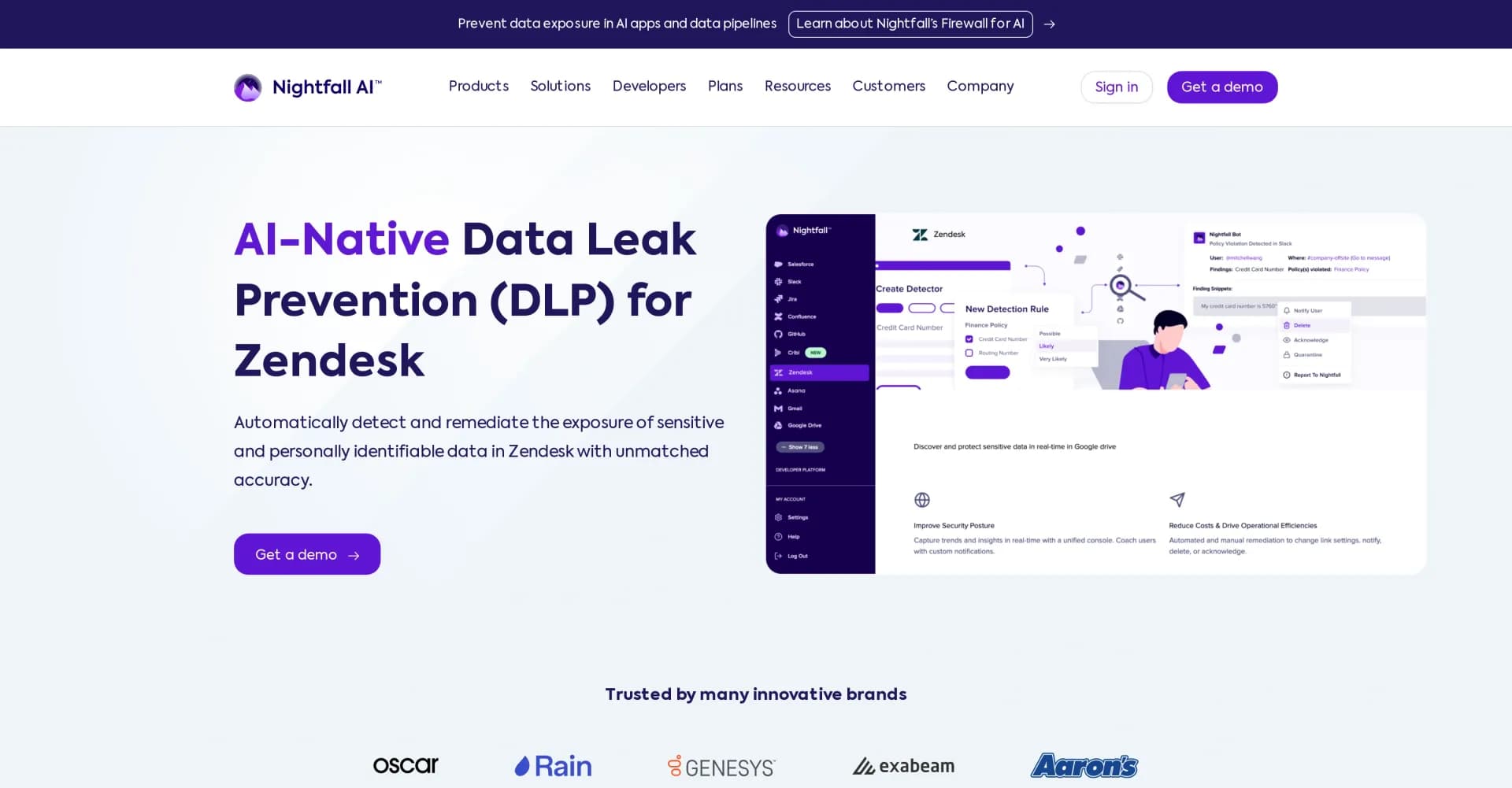 Nightfall homepage screenshot — Detect and protect sensitive data in Zendesk tickets.