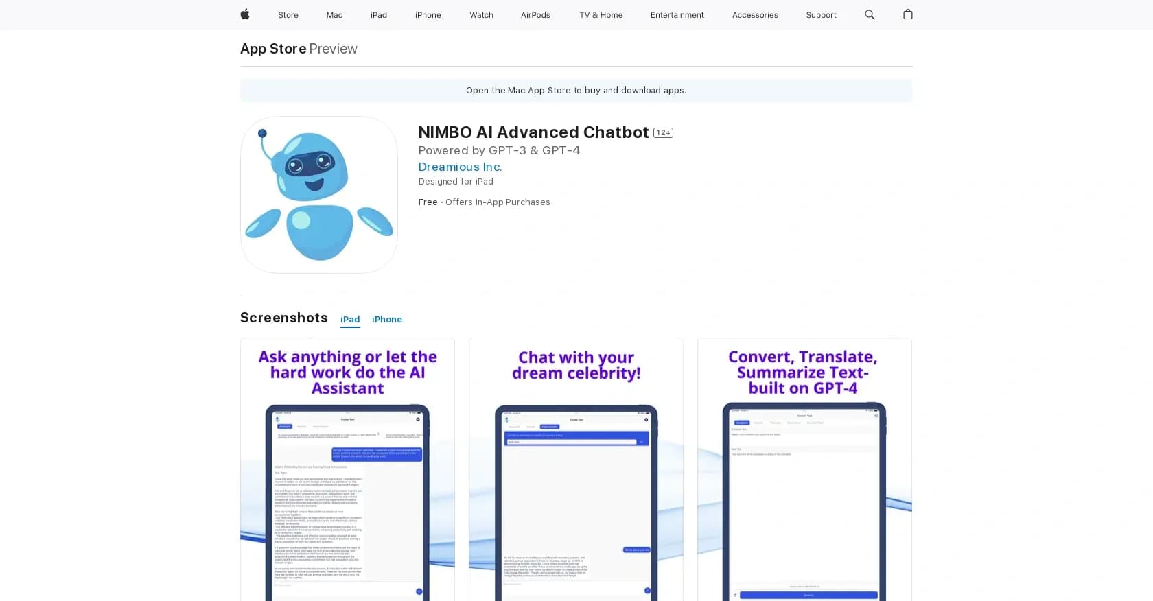 NIMBO homepage screenshot — Mobile chatbot for conversational and task completion.