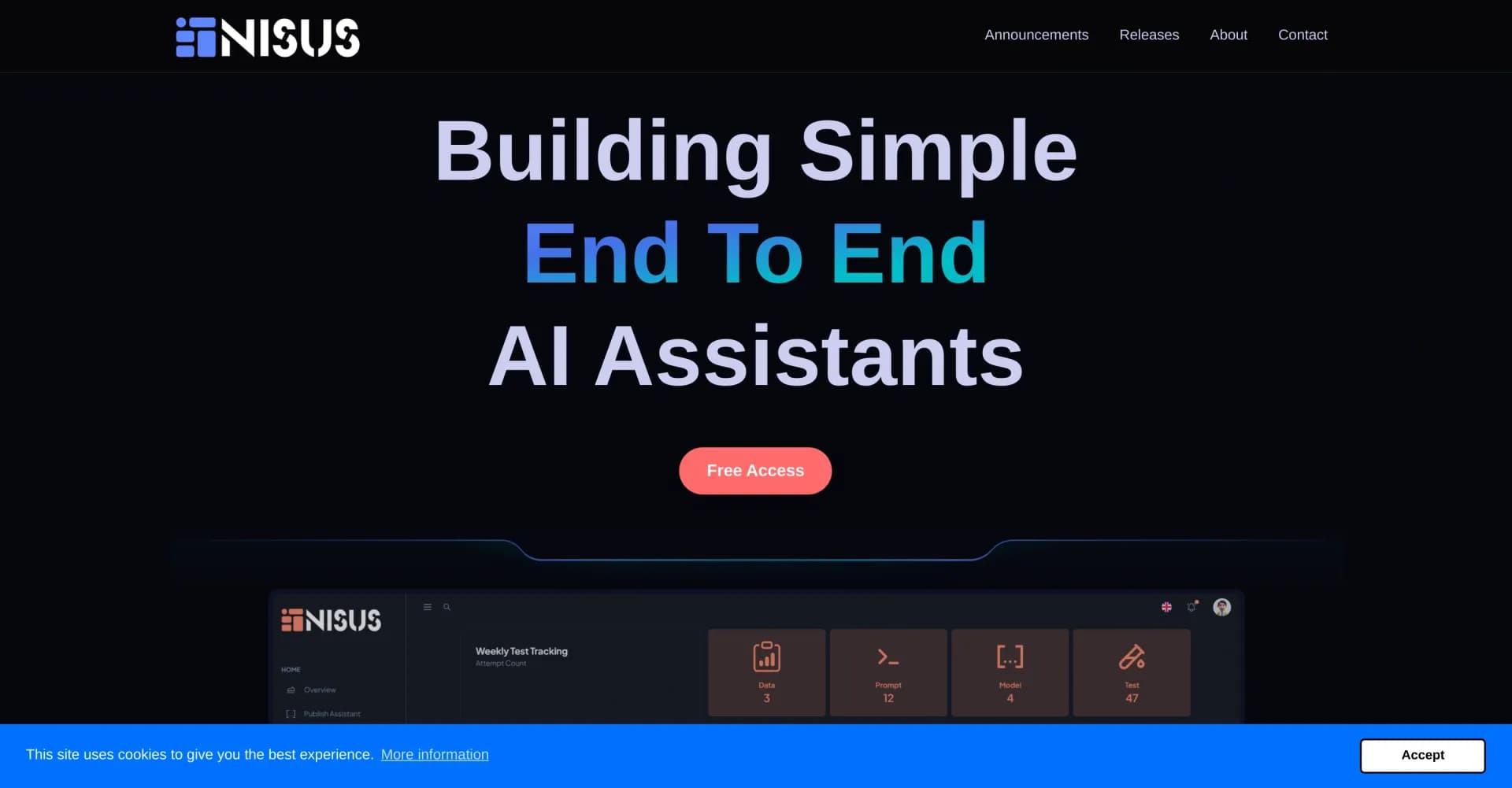 NISUS-AI homepage screenshot — Build simple end-to-end AI assistants