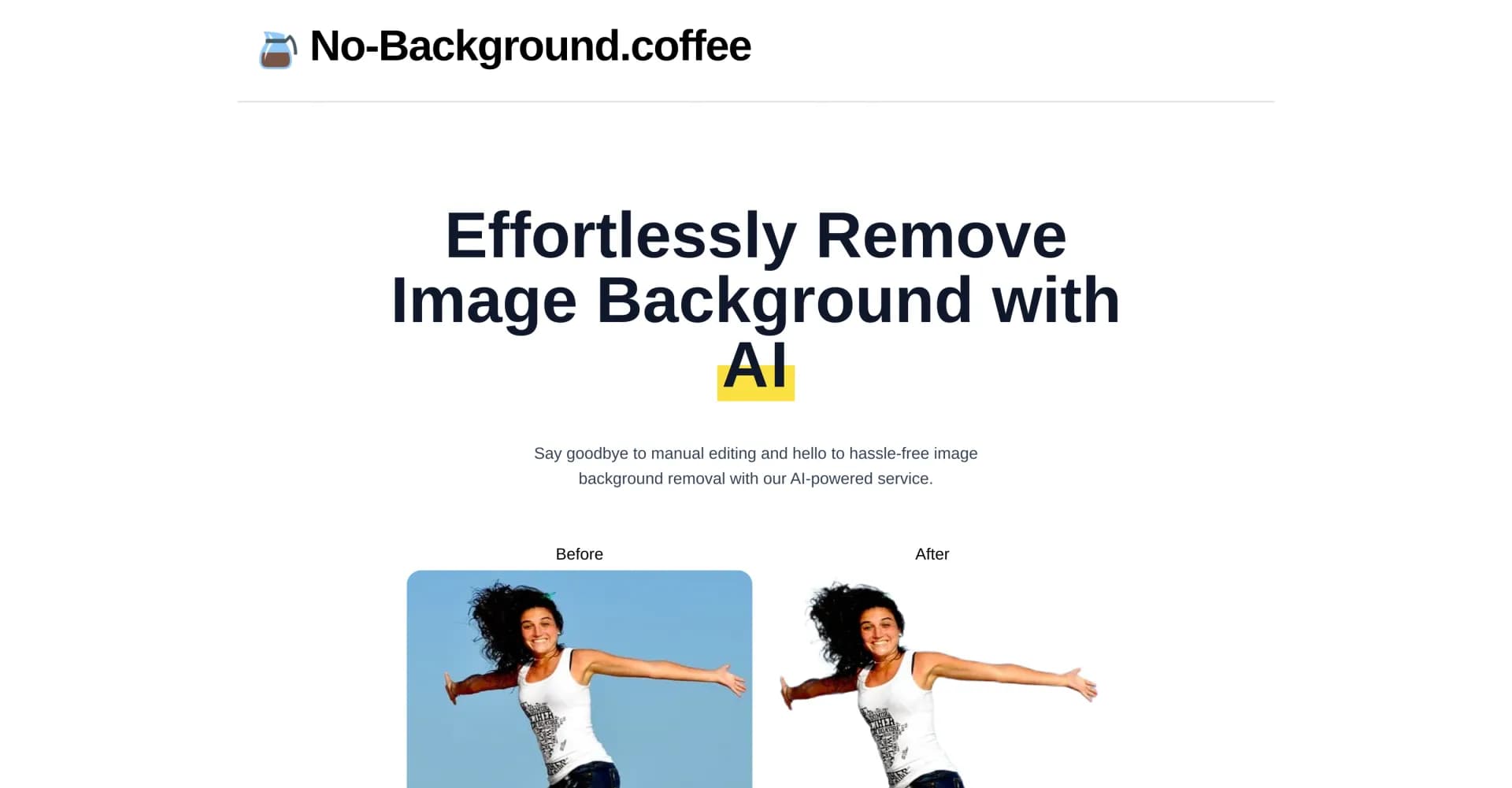No Background Coffee homepage screenshot — Effortlessly remove image backgrounds with AI