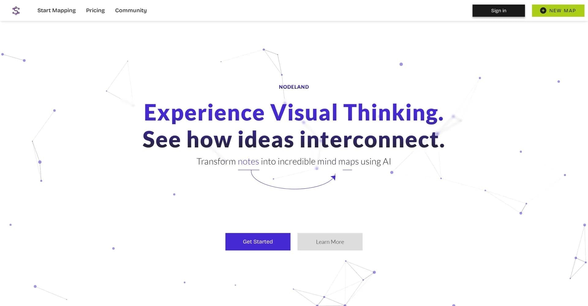Nodeland homepage screenshot — Transform notes into interactive mind maps using AI