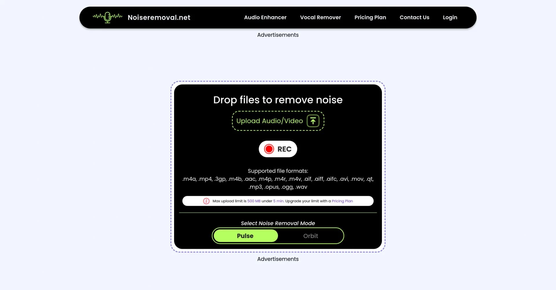 Noiseremoval.net homepage screenshot — AI-powered background noise removal for crystal-clear audio.