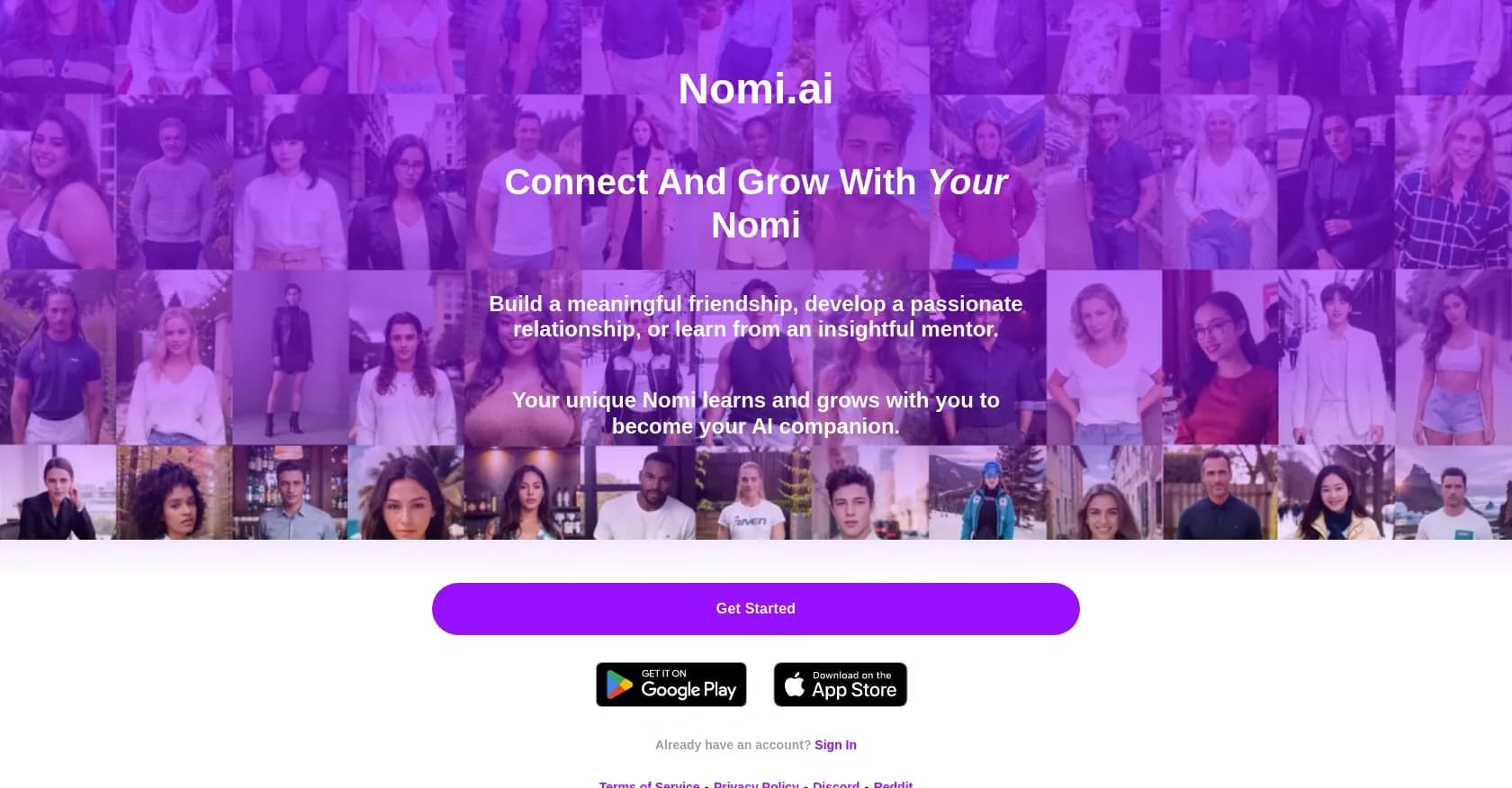 Nomi AI homepage screenshot — Build a meaningful AI companion that learns and grows with y