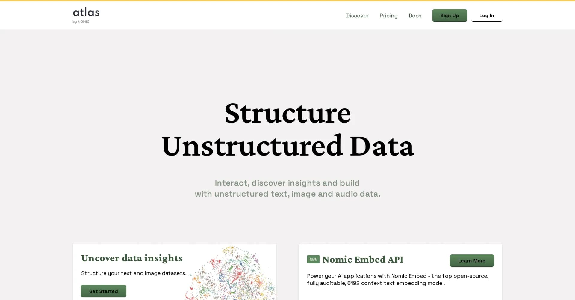 Nomic Atlas homepage screenshot — Structure unstructured data across media types.