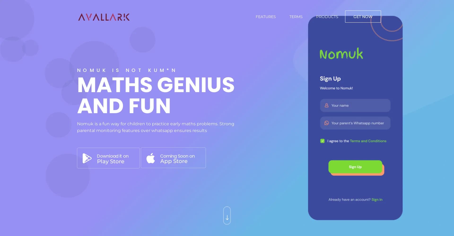 Nomuk homepage screenshot — Fun maths practice for kids with parental monitoring.