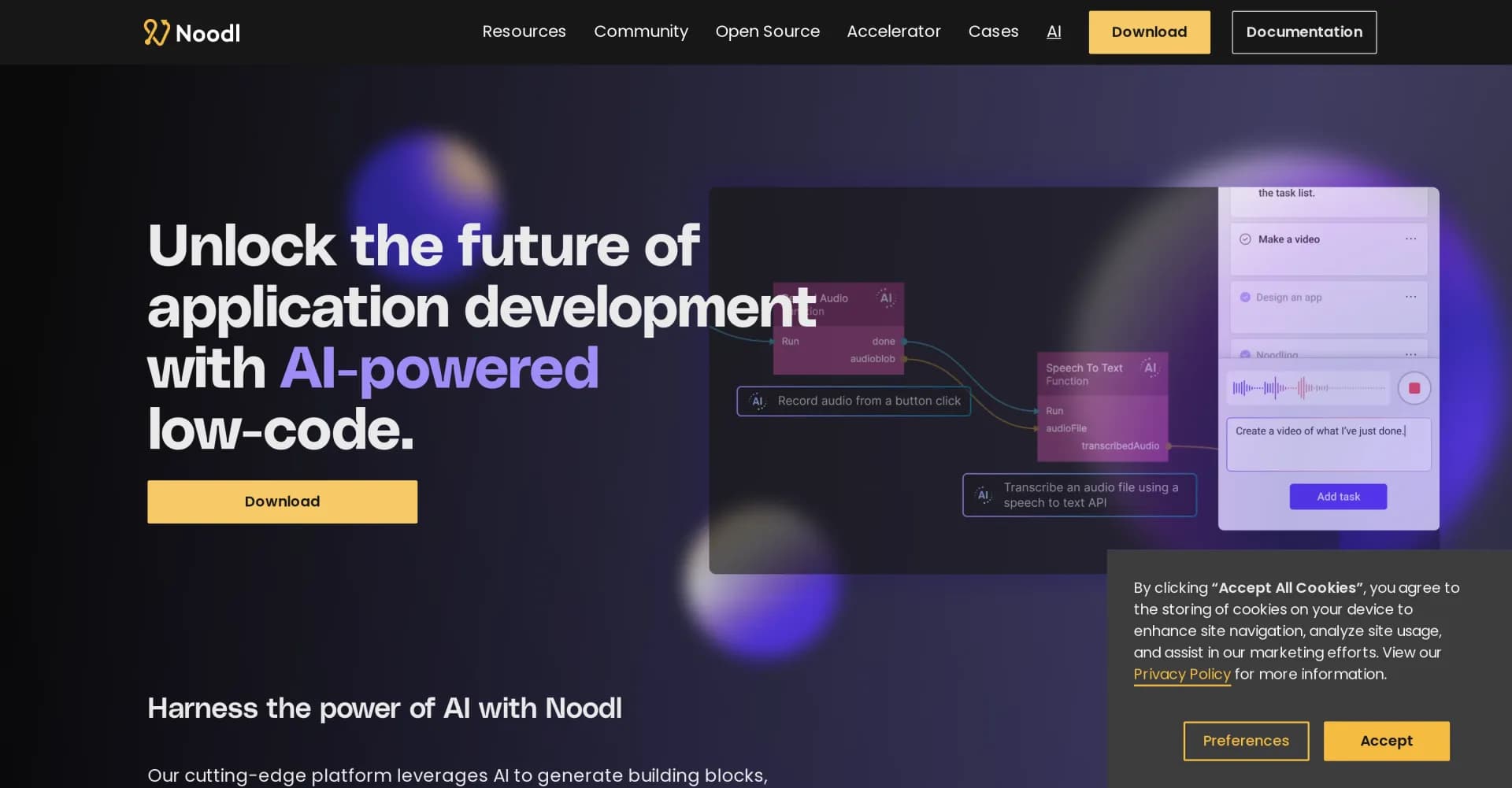 Noodl homepage screenshot — Build AI-powered apps without code