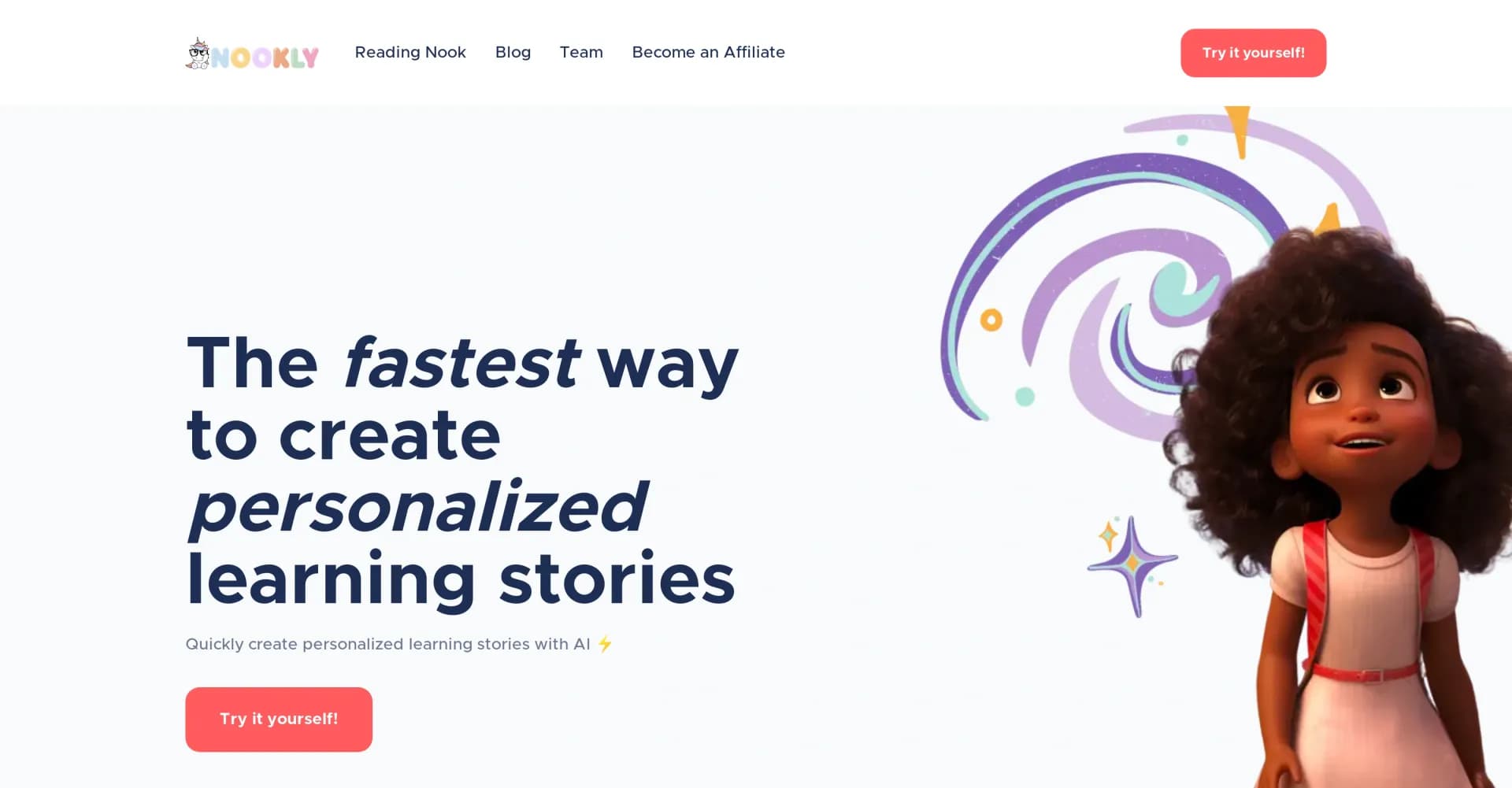 Nookly homepage screenshot — Create personalized learning stories with AI