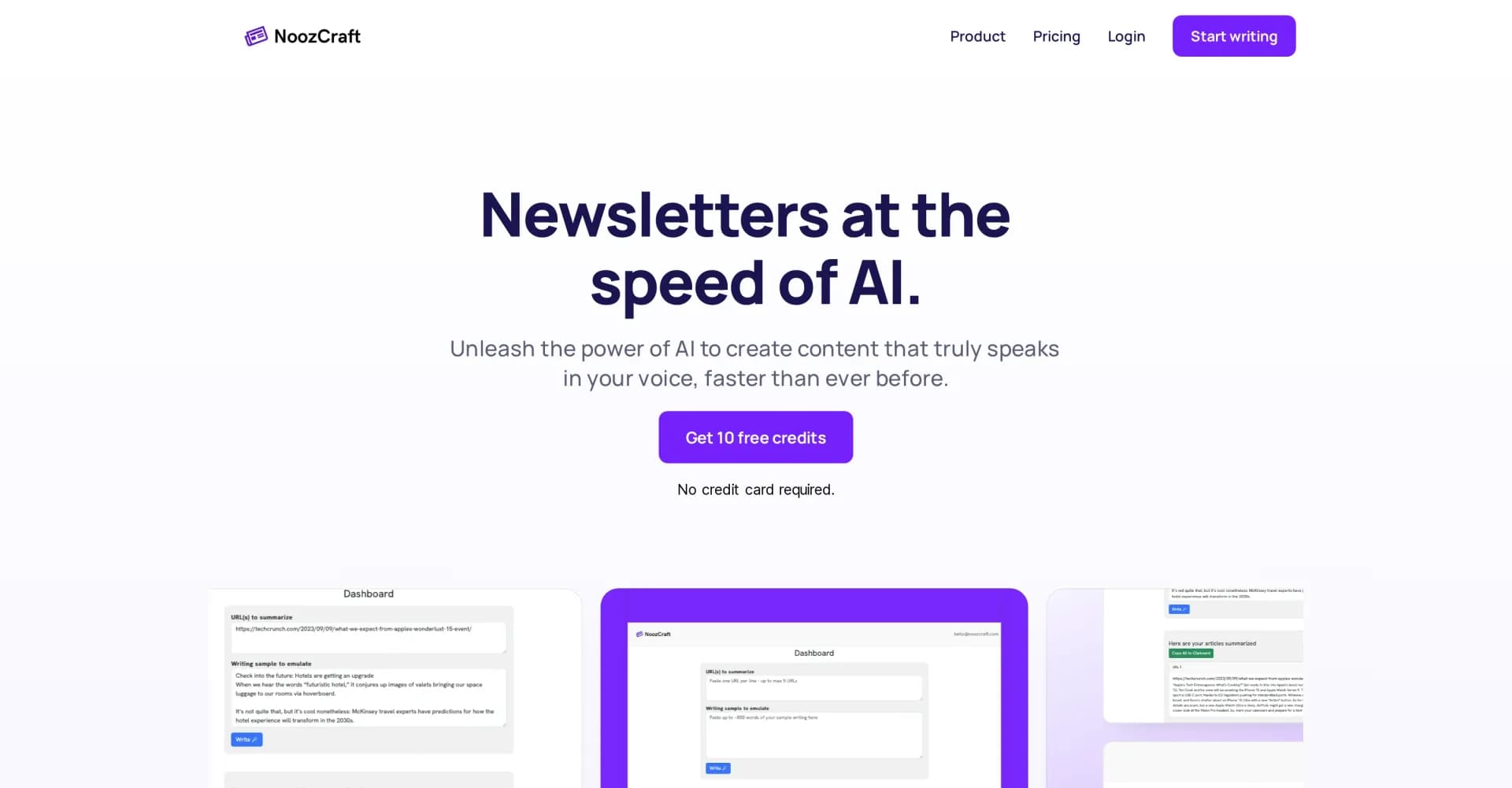 NoozCraft homepage screenshot — AI-powered newsletters in your voice, in minutes.