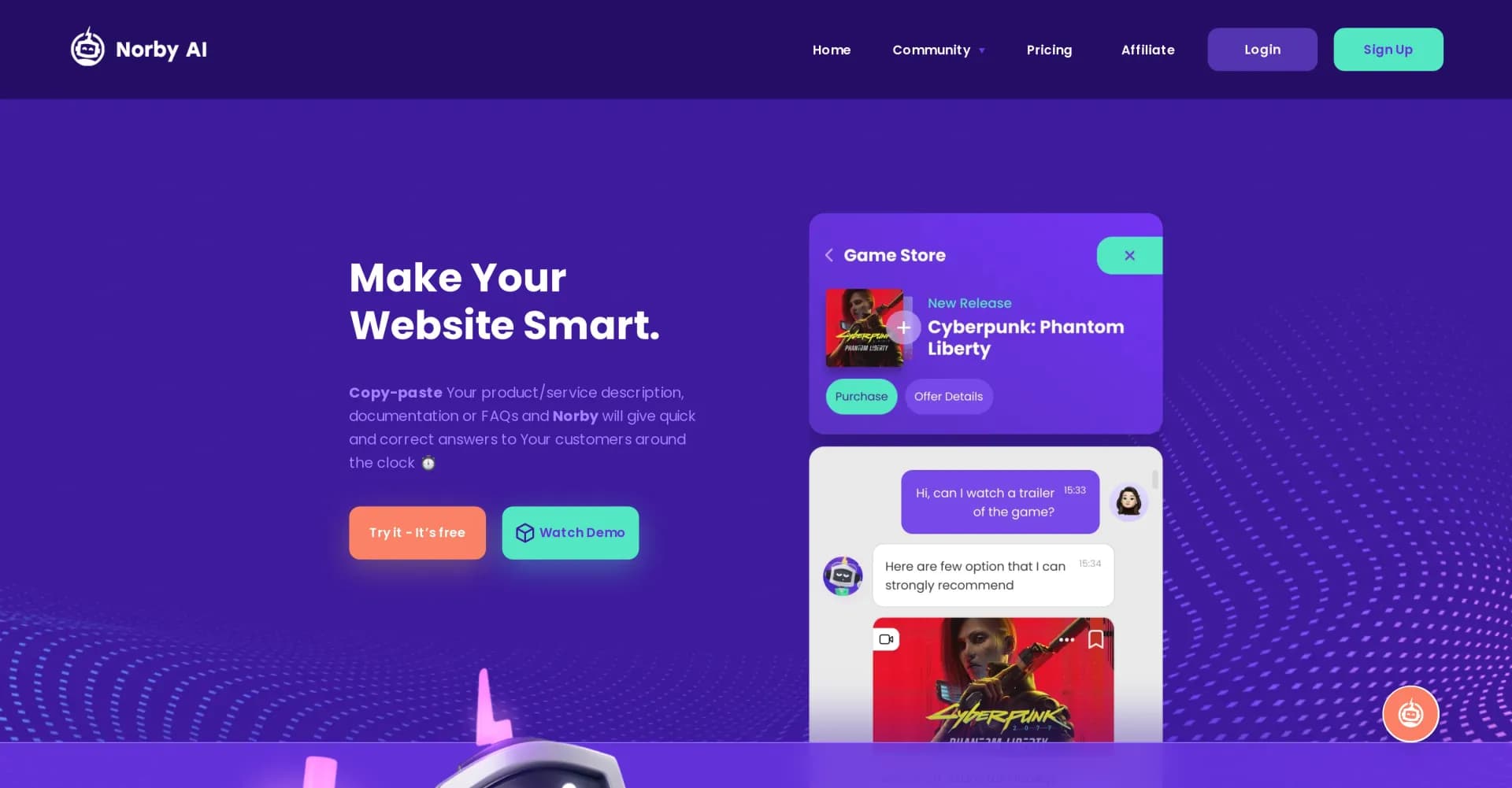 Norby AI homepage screenshot — Make your website smart with AI-powered customer support
