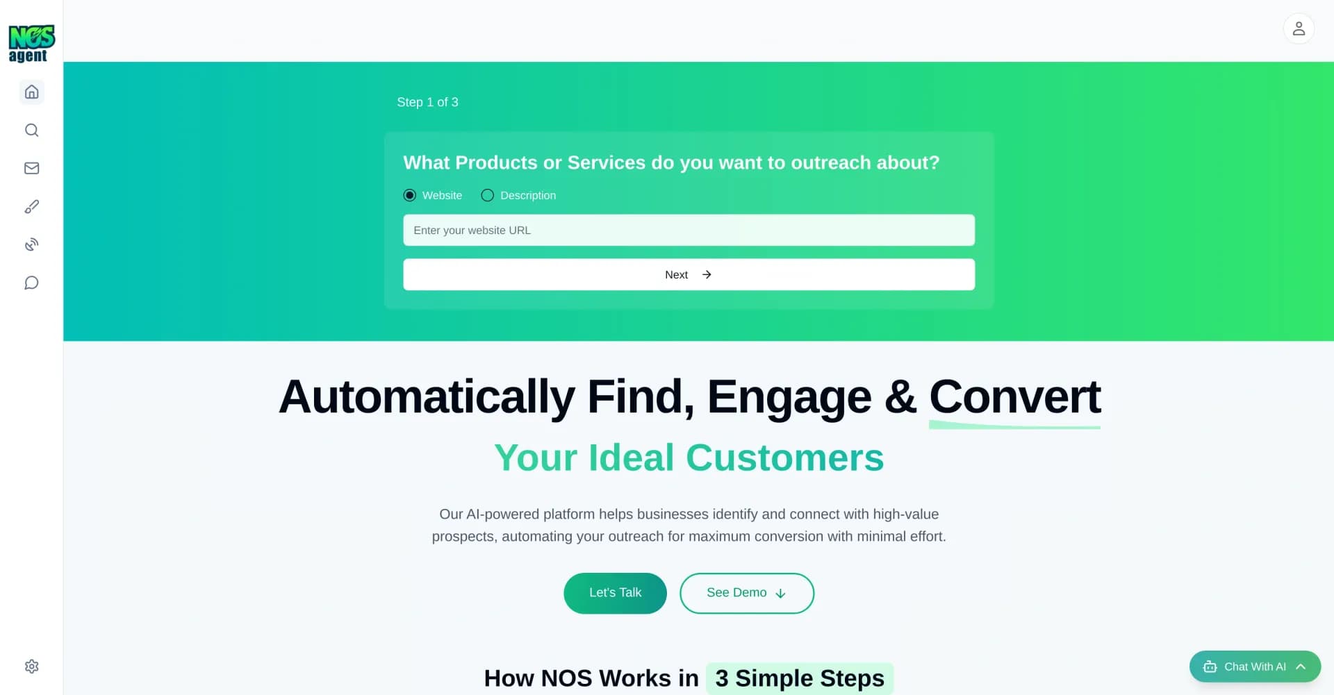 NOS Agent homepage screenshot — Pinpoint businesses with problems your product solves.