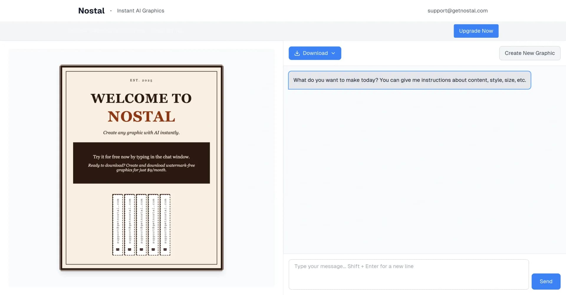 Nostal homepage screenshot — Create professional graphics in minutes.
