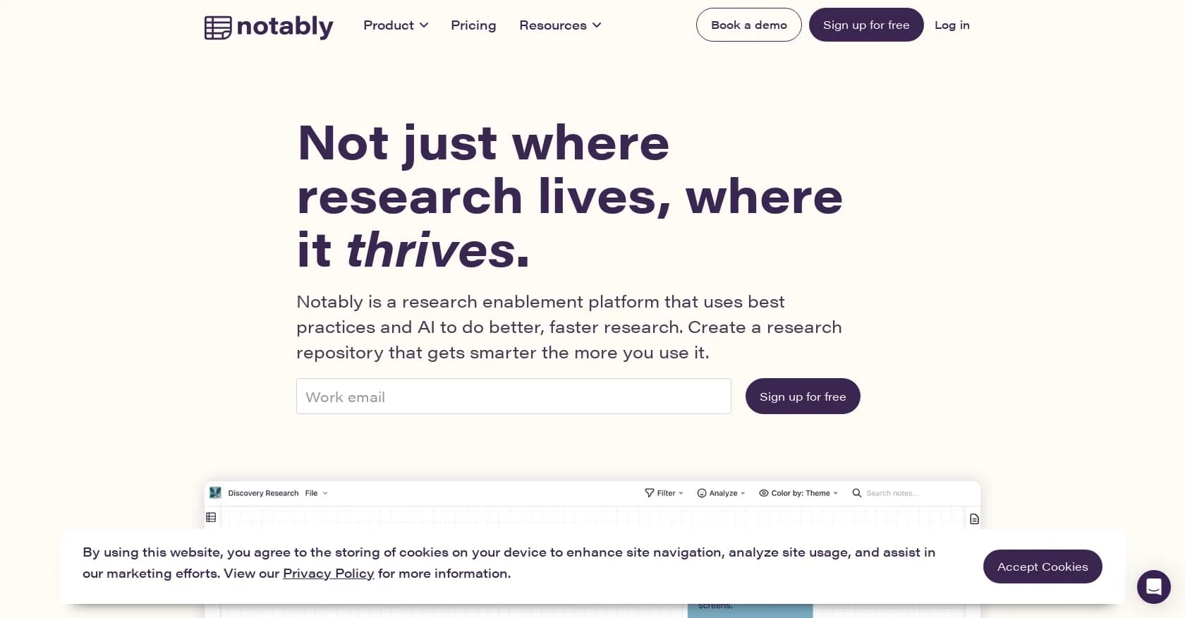 Notably homepage screenshot — Get research insights fast with AI.