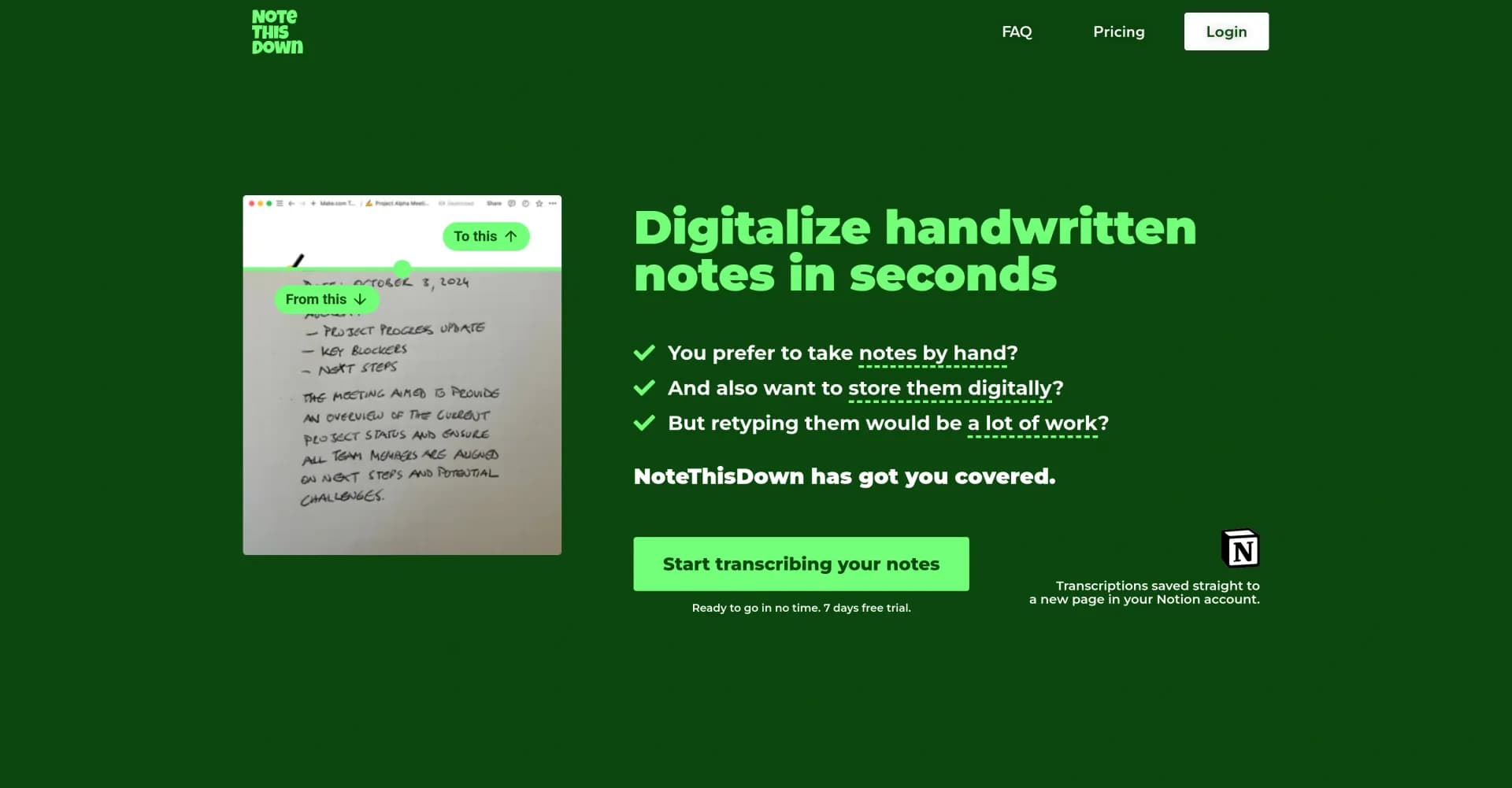 Note This Down homepage screenshot — Transform handwritten notes into digital text instantly.