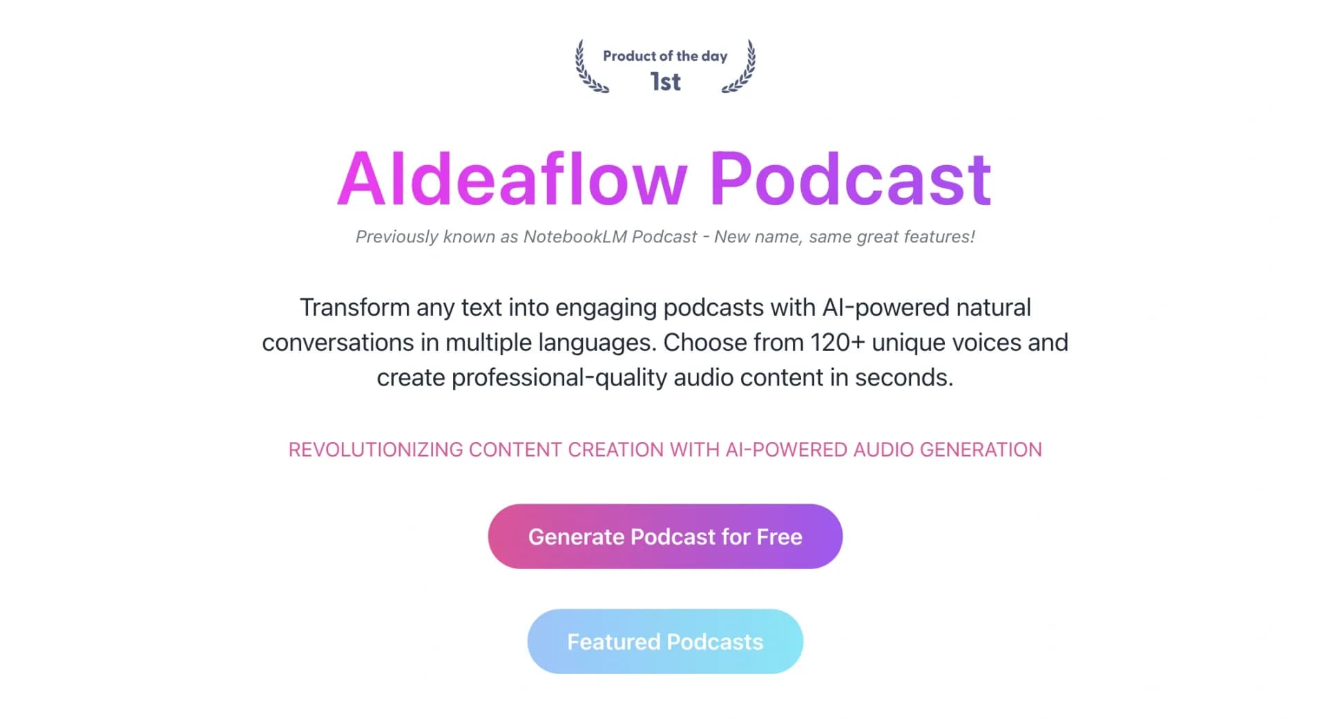 AIdeaflow Podcast homepage screenshot — Turn text into engaging podcasts with an interactive AI host