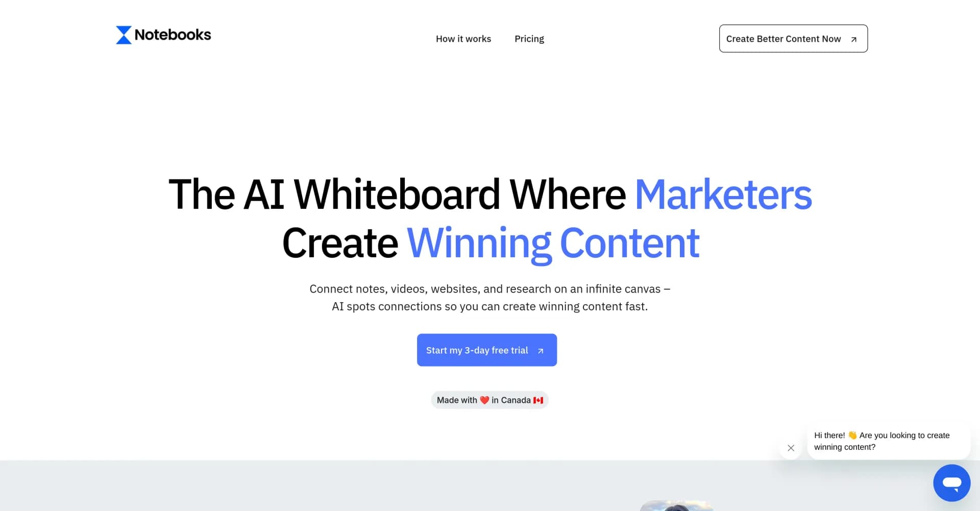 Notebooks.app - Create winning content 3X faster homepage screenshot — AI-powered whiteboard for marketers to create winning conten