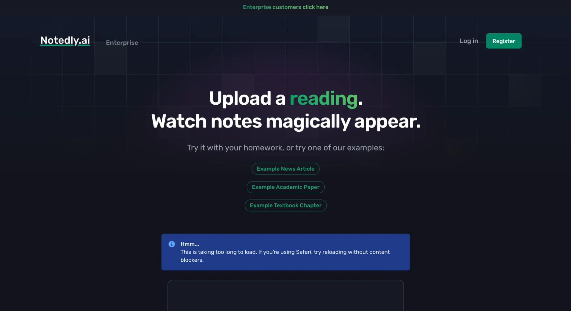 Notedly homepage screenshot — Transform readings into instant notes.