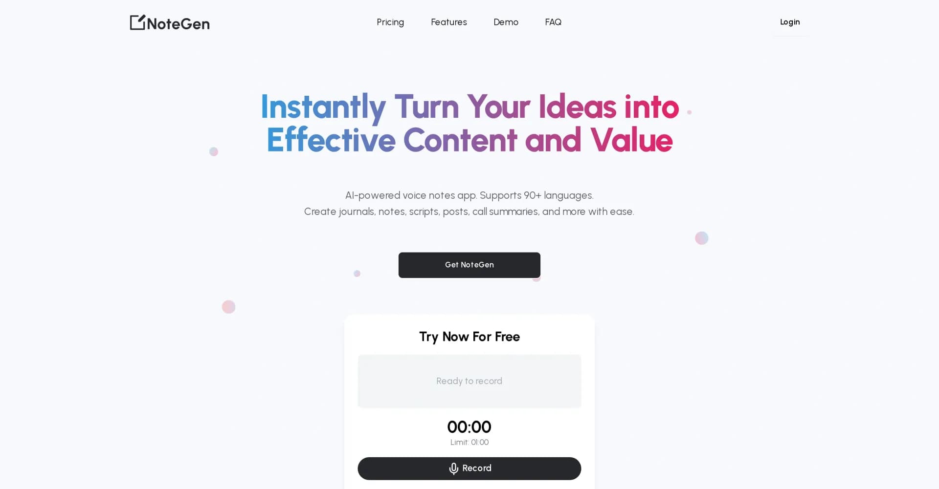 NoteGen homepage screenshot — Turn voice into valuable content instantly.