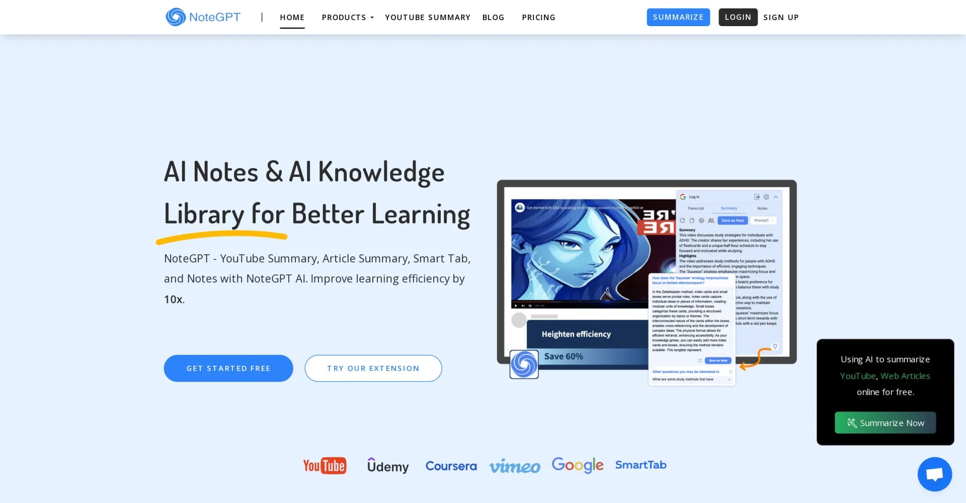 NoteGPT homepage screenshot — AI-powered notes for 10x learning efficiency.