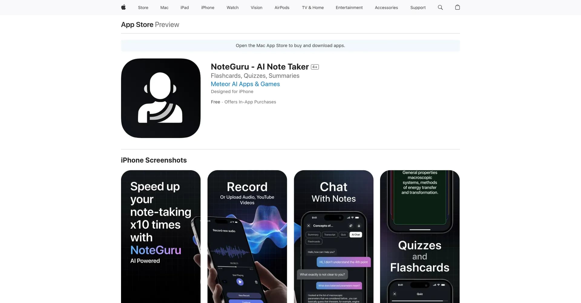NoteGuru - AI Note Taker homepage screenshot — AI note-taker for meetings, lectures, and more