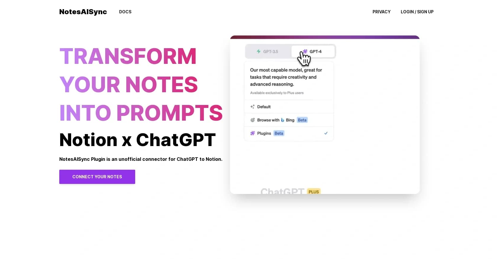 NotesAISync homepage screenshot — Transform your Notion notes into ChatGPT prompts.