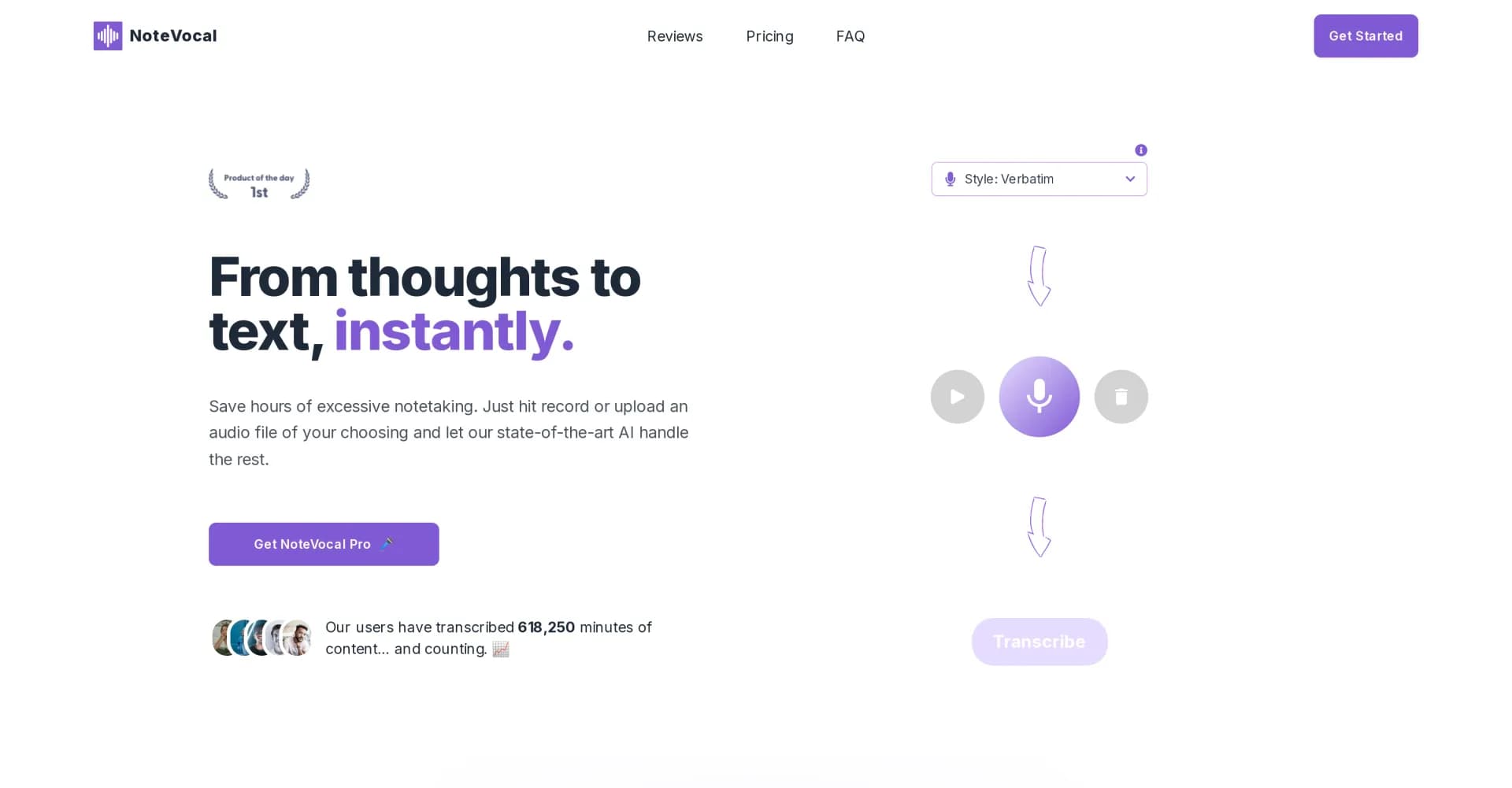 NoteVocal homepage screenshot — From thoughts to text, instantly.