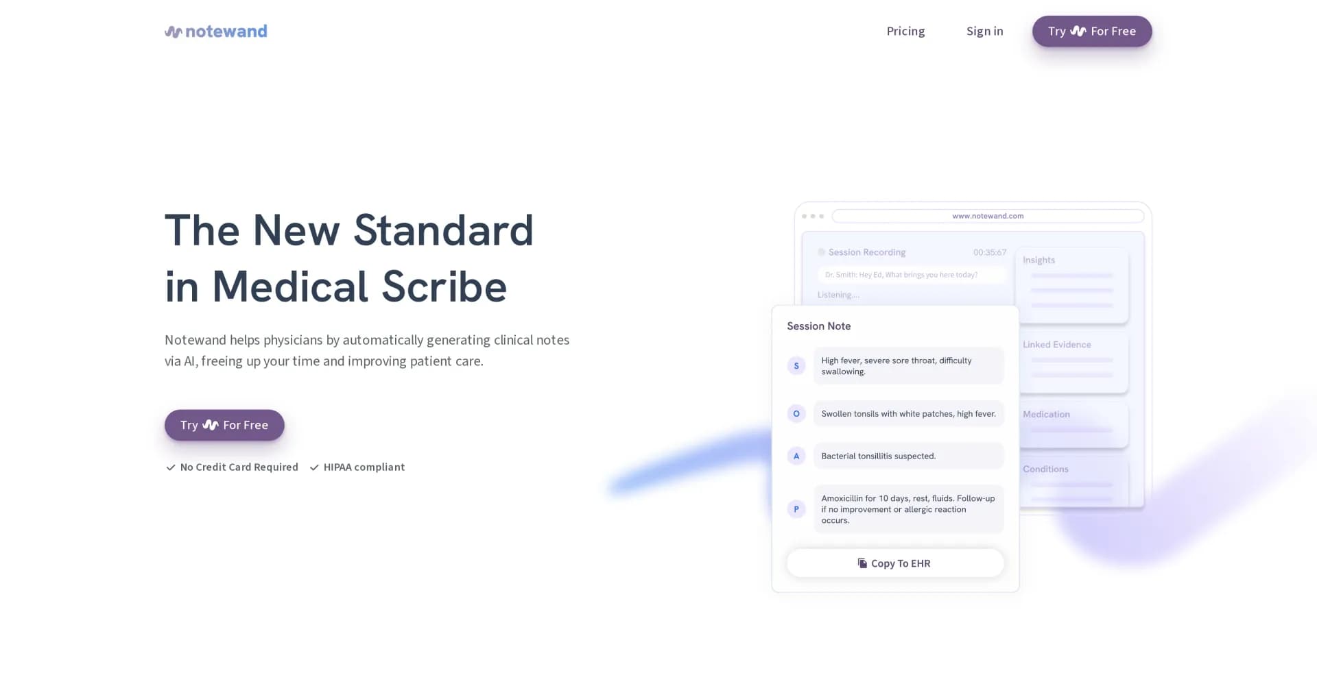 Notewand homepage screenshot — AI-powered clinical notes for time-saving patient care