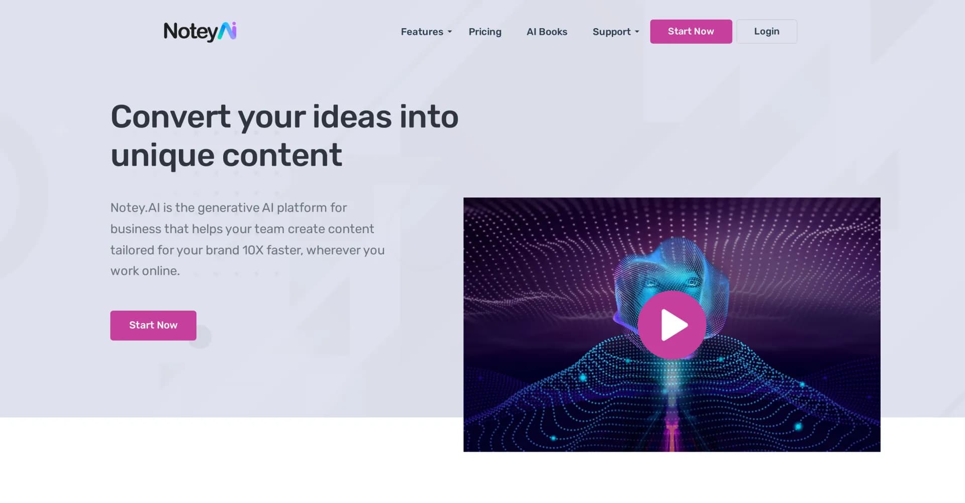 Notey homepage screenshot — Convert ideas into unique content 10X faster
