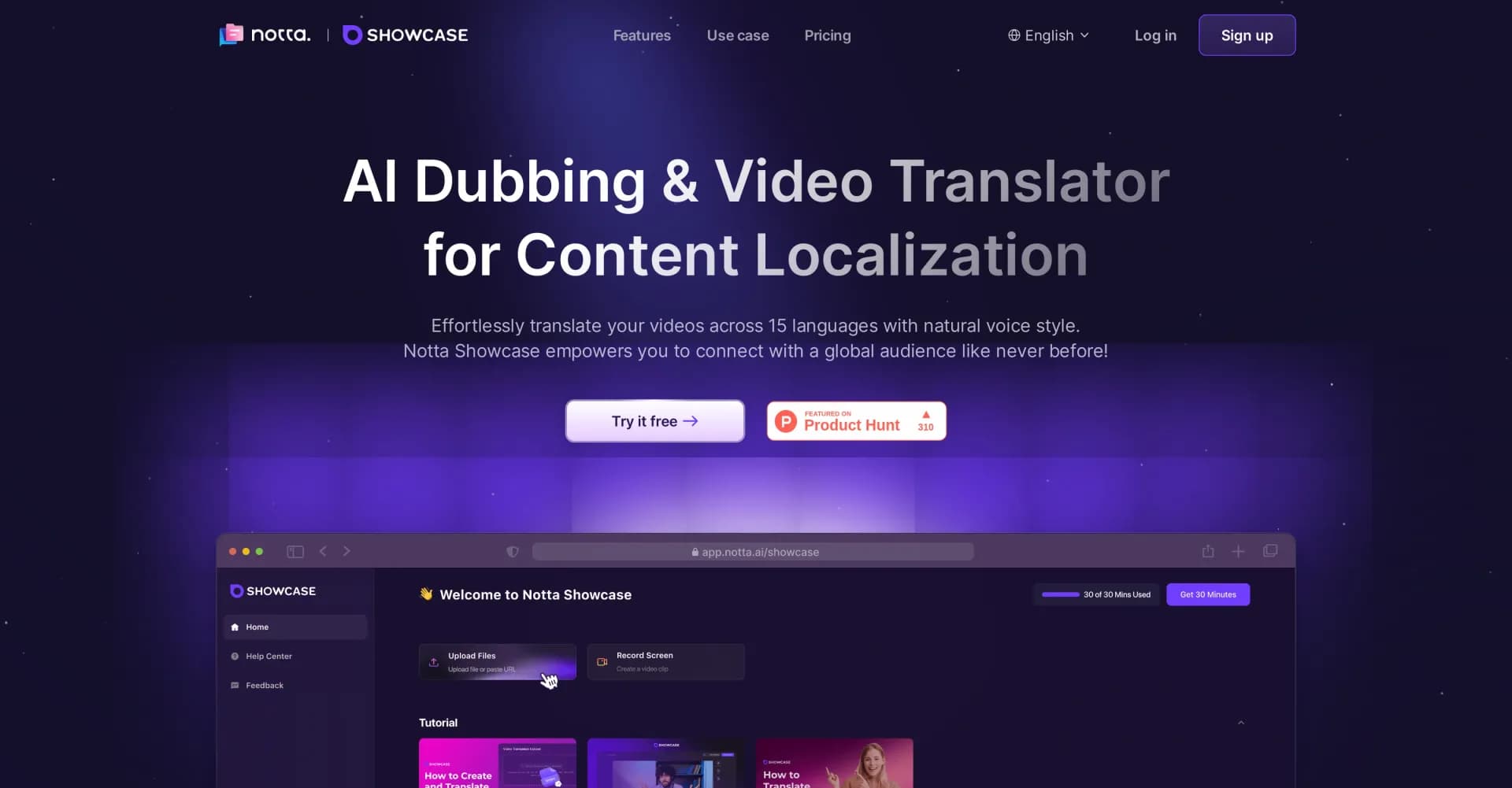 Notta Showcase homepage screenshot — Dub videos instantly in 15 languages.