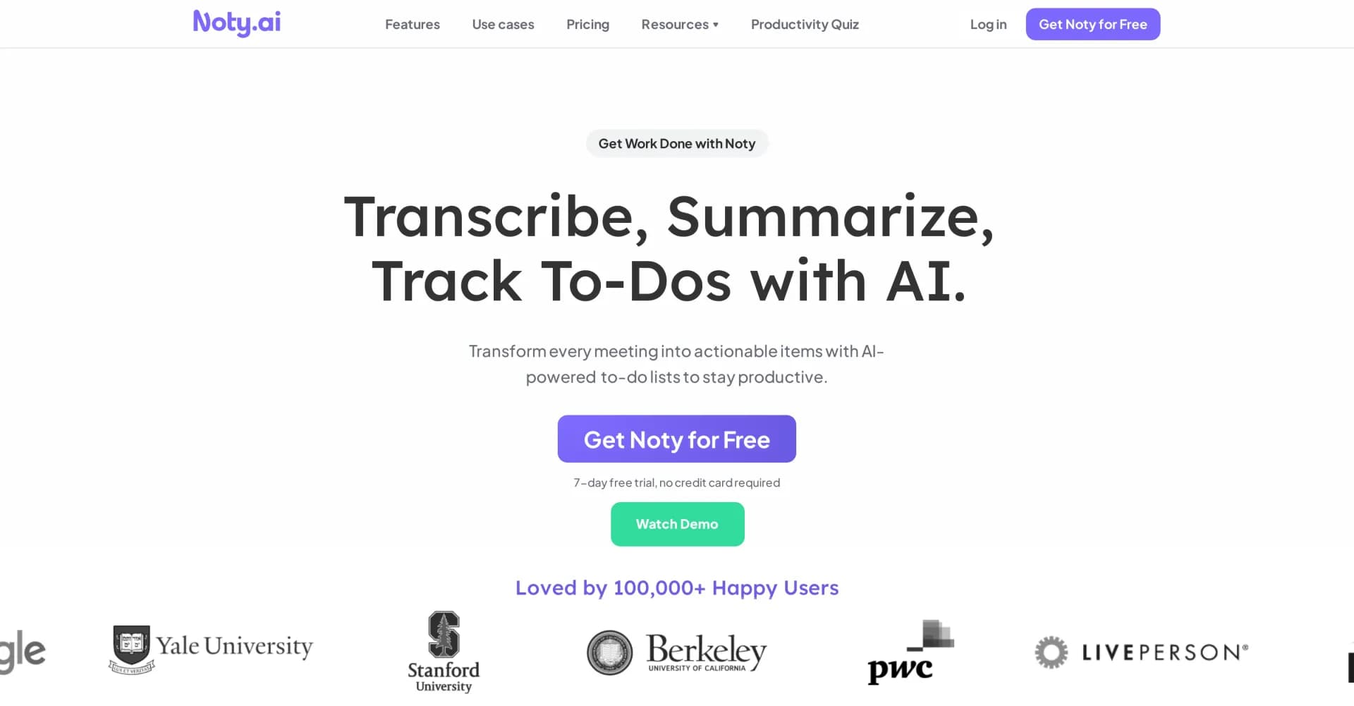 Noty.ai homepage screenshot — AI assistant that turns meetings into actionable to-dos.
