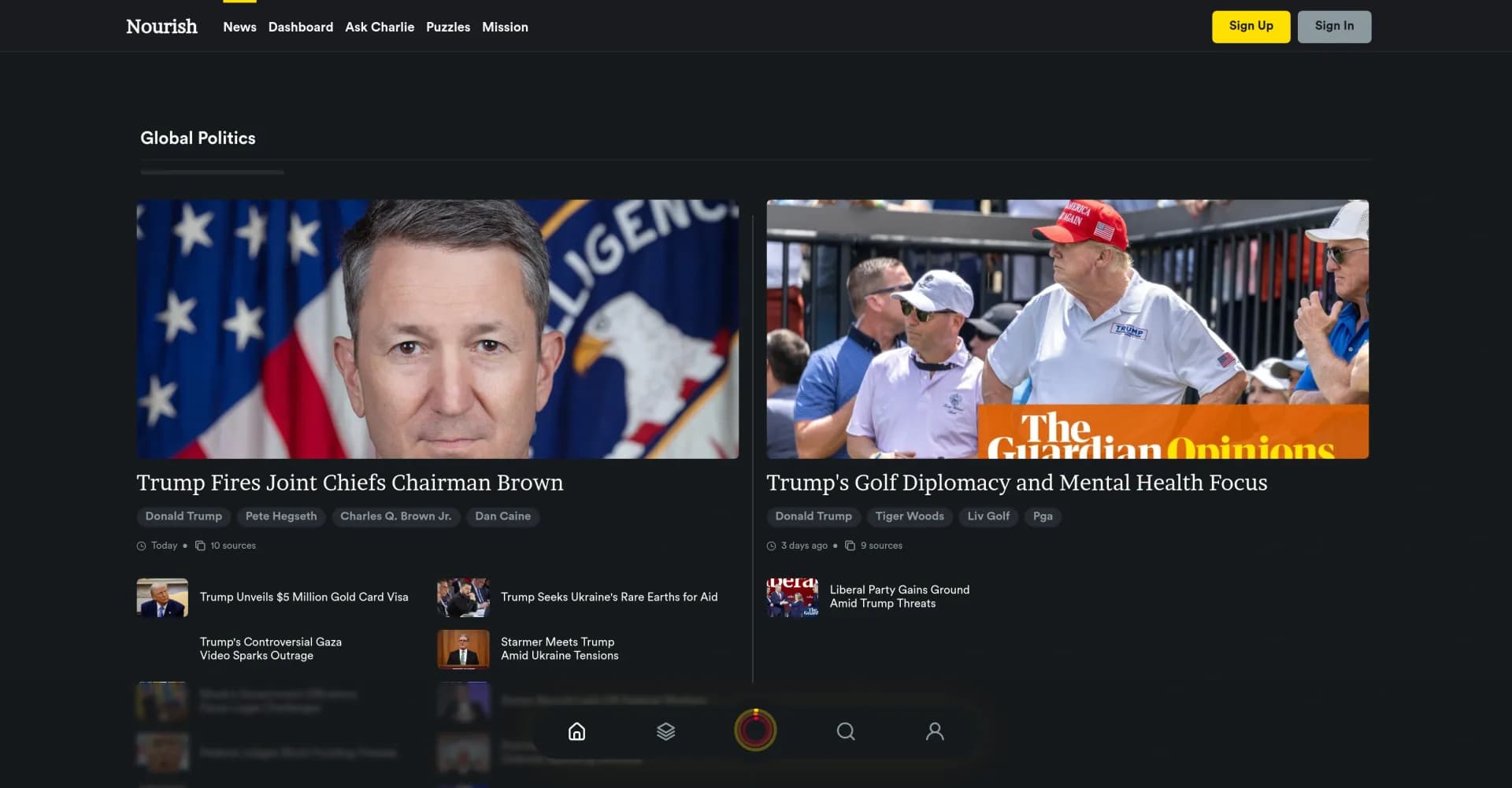 Nourish News homepage screenshot — Balanced news for informed minds.
