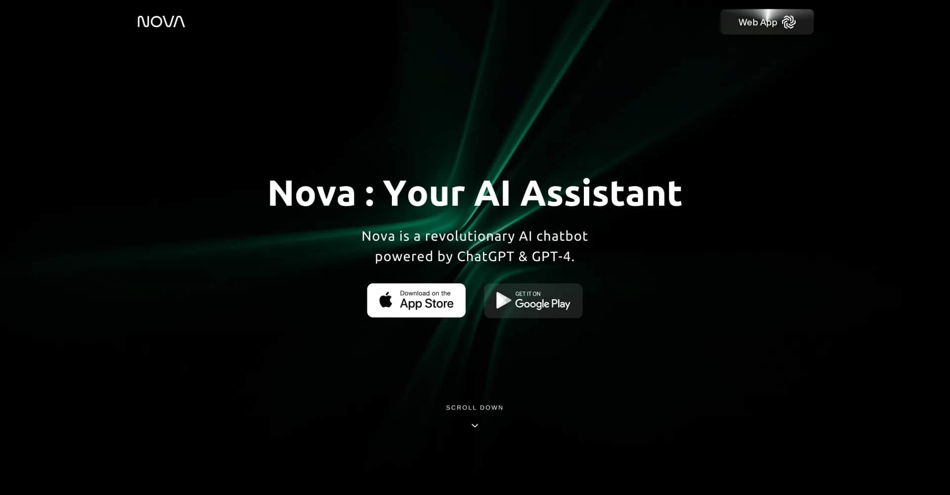 Nova App homepage screenshot — Revolutionary AI chatbot powered by ChatGPT & GPT-4.