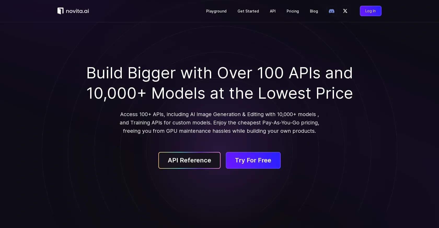 Novita homepage screenshot — Cheap AI image APIs with 10,000+ models.